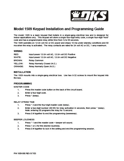 1509-065-B-7-03 Keypad Installation and Programming Guide