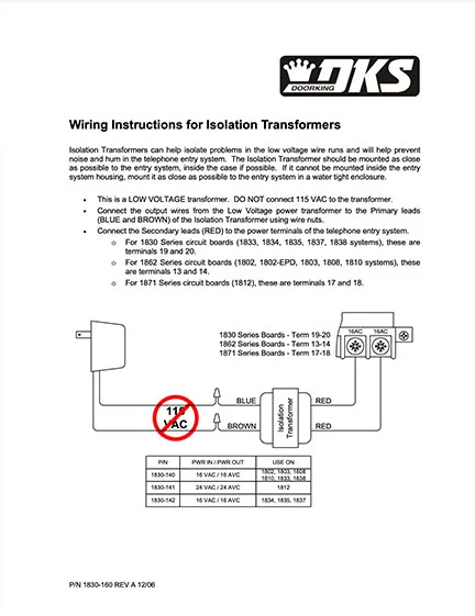 DKS Doorking 1830-160 Wiring Instructions for Isolation Transformers