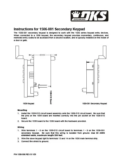DKS Doorking 1506-066-B-1-09 Secondary Keypad Instructions