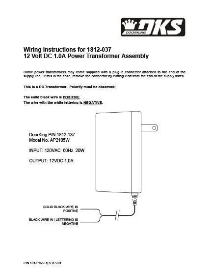 DKS Doorking 1812-165-A-5-01 Wiring Instructions