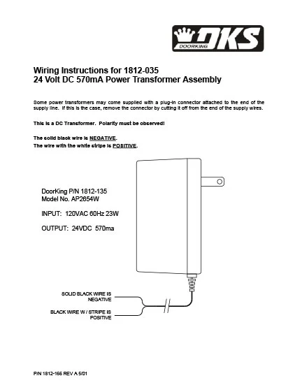 DKS Doorking 1812-166-A-5-01 Wiring Instructions