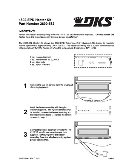 DKS Doorking 2600-582 Heater Kit Literature