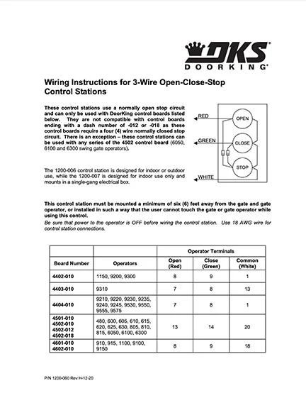 DKS Doorking 1200-060-H-12-20 3 But Cntrl instructions
