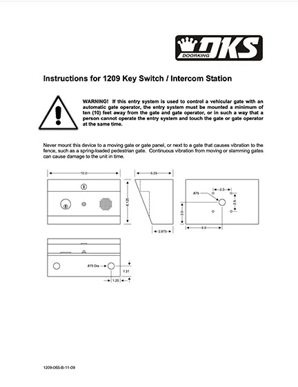 DKS Doorking 1209-065-B-11-09 Instructions