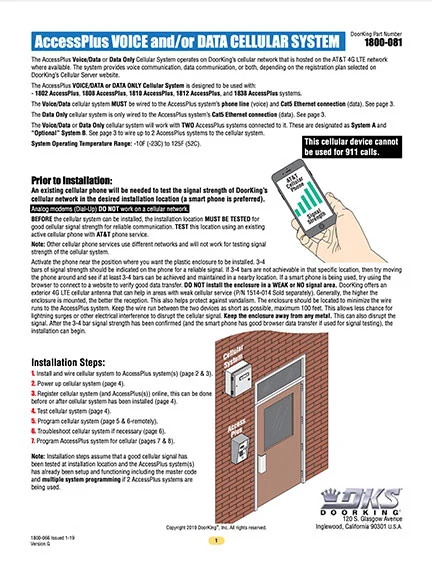DKS Doorking 1800-066-Issued-1 19VG Instructions