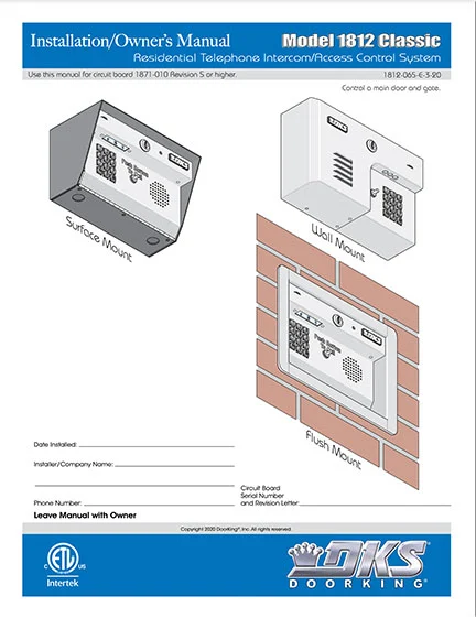 DKS Doorking 1812-065-E-3-20 Classic installation owners manual