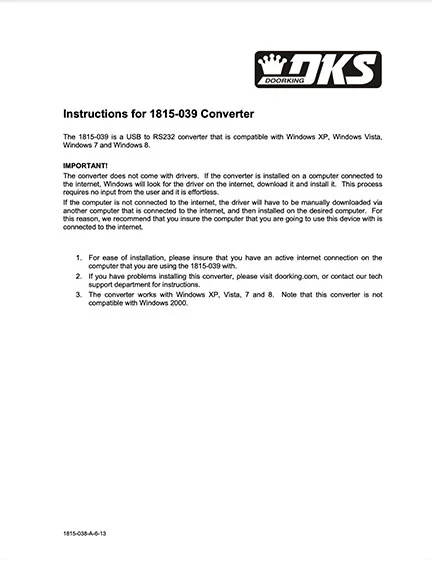 DKS Doorking 1815-038-A-6-13 Instructions