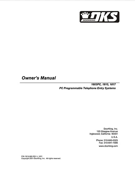 DKS Doorking 1815-065-J-3-01 Owners Manual