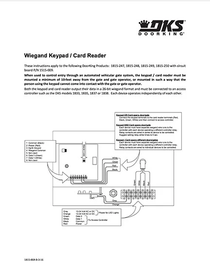 DKS Doorking 1815-864-B-3-16 Wiegand Keypad Card Reader instructions
