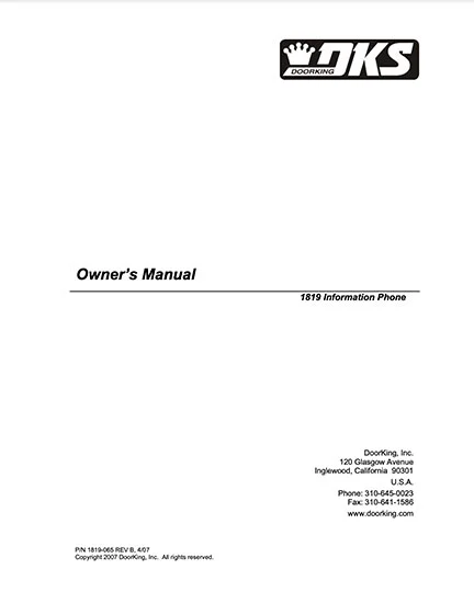 DKS Doorking 1819-065-B-4-07 Owners Manual