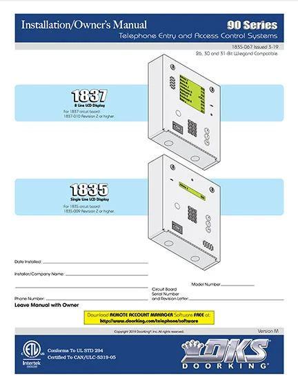 DKS Doorking 1835-067-Issued-3-19_Mrs 90 Series installation owners manual