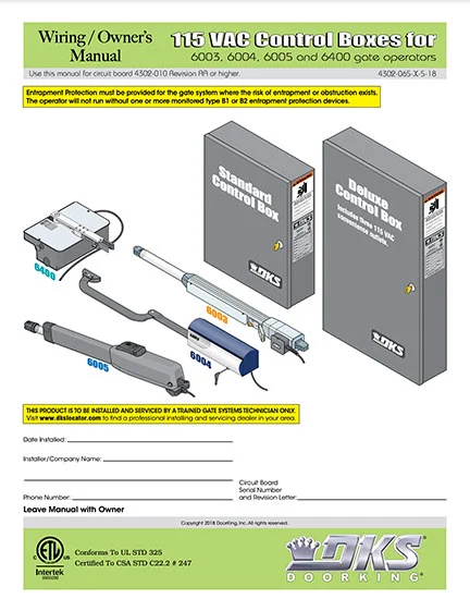 DKS Doorking 4302-065-X-5-18_115 VAC installation owners manual