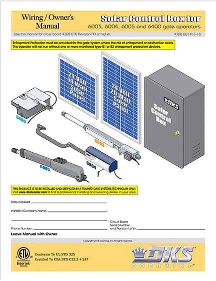 DKS Doorking 4302-067-A-5-18 Solar installation owners manual