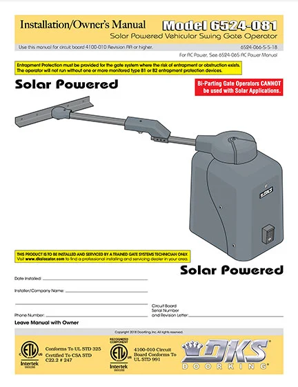 DKS Doorking 6524-066-S-5-18 Solar Power installation owners manual