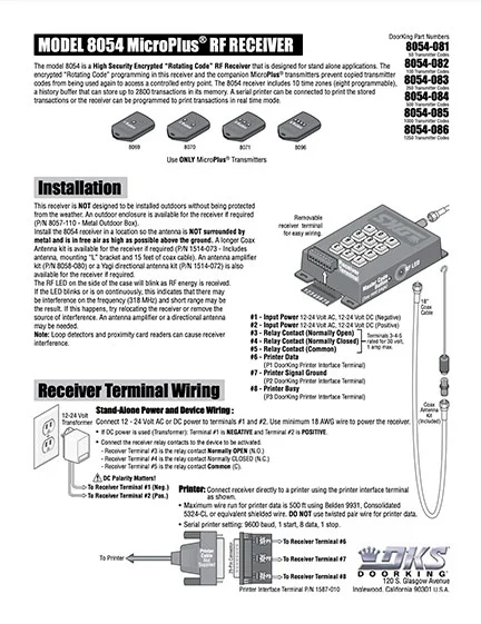 DKS Doorking 8054-065-E-8-19 MicroPlus Recvr instructions