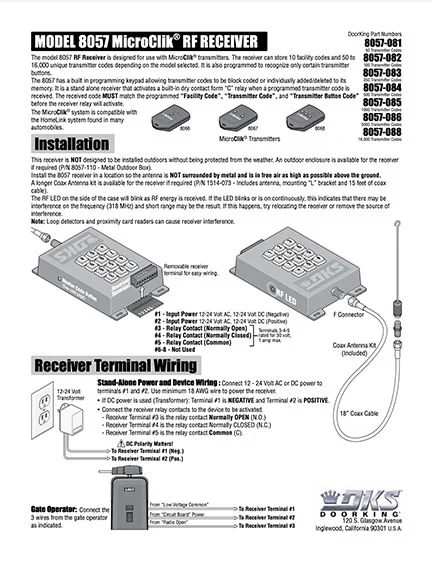 DKS Doorking 8057-065-J-8-19 Micro Clik Receiver instructions