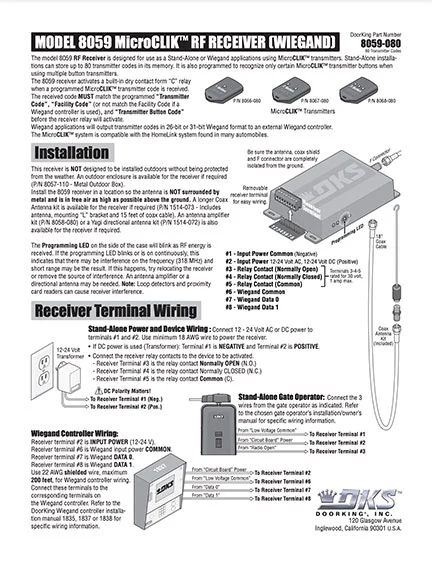 DKS Doorking 8059-065-G-3-12 Microclik Receiver instructions