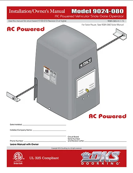 DKS Doorking 9024-065-H-1-15 AC Power installation owners manual