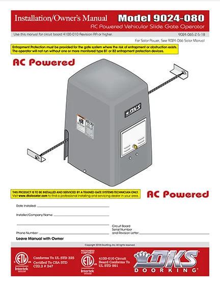 DKS Doorking 9024-065-Z-5-18 AC Power installation owners manual