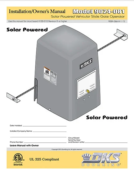 DKS Doorking 9024-066-A-1-15 Solar Power installation owners manual