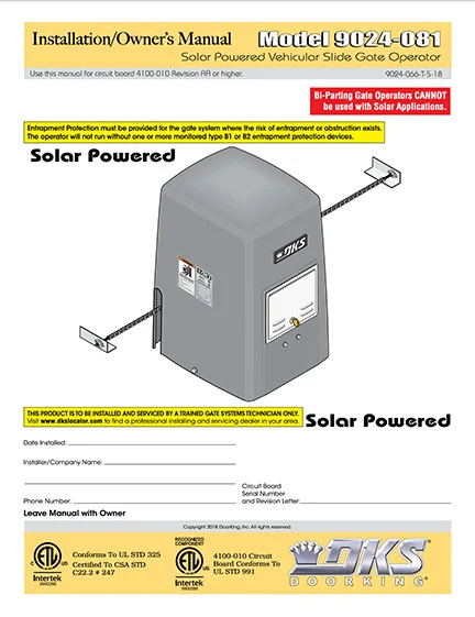 DKS Doorking 9024-066-T-5-18 Solar Power installation owners manual
