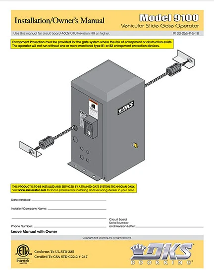 DKS Doorking 9100-065-P-5-18 installation owners manual