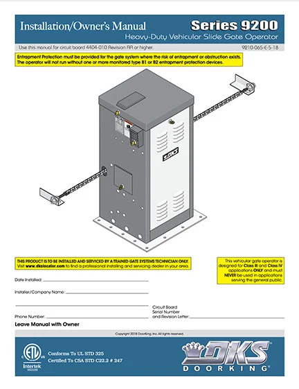 DKS Doorking 9210-065-E-5-18 installation owners manual