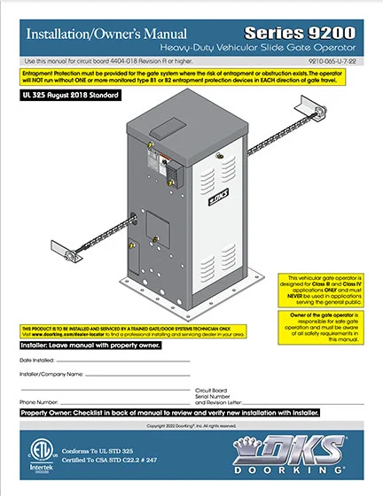 DKS Doorking 9210-065-U-7-22 installation owners manual