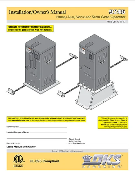 DKS Doorking-9245-065-G-11-17 installation owners manual